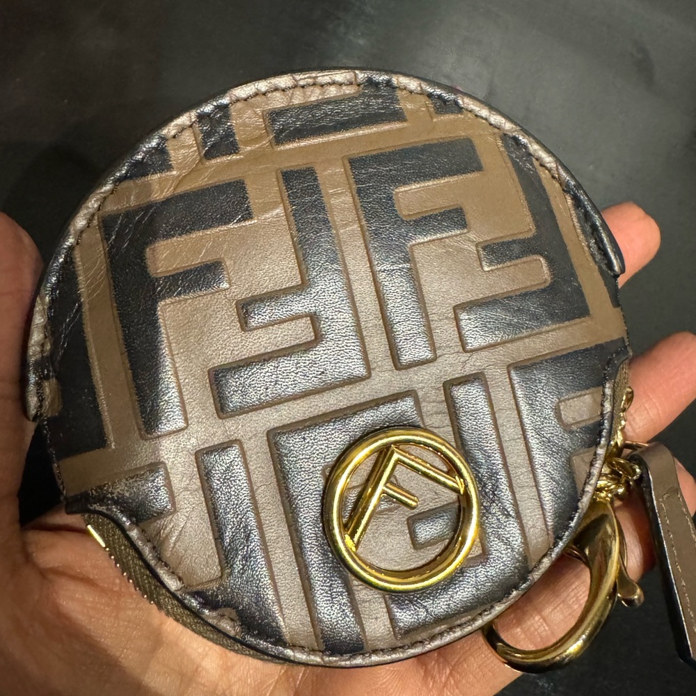 Fendi Brown and Black FF Logo Round Coin Pouch with Gold Hardware